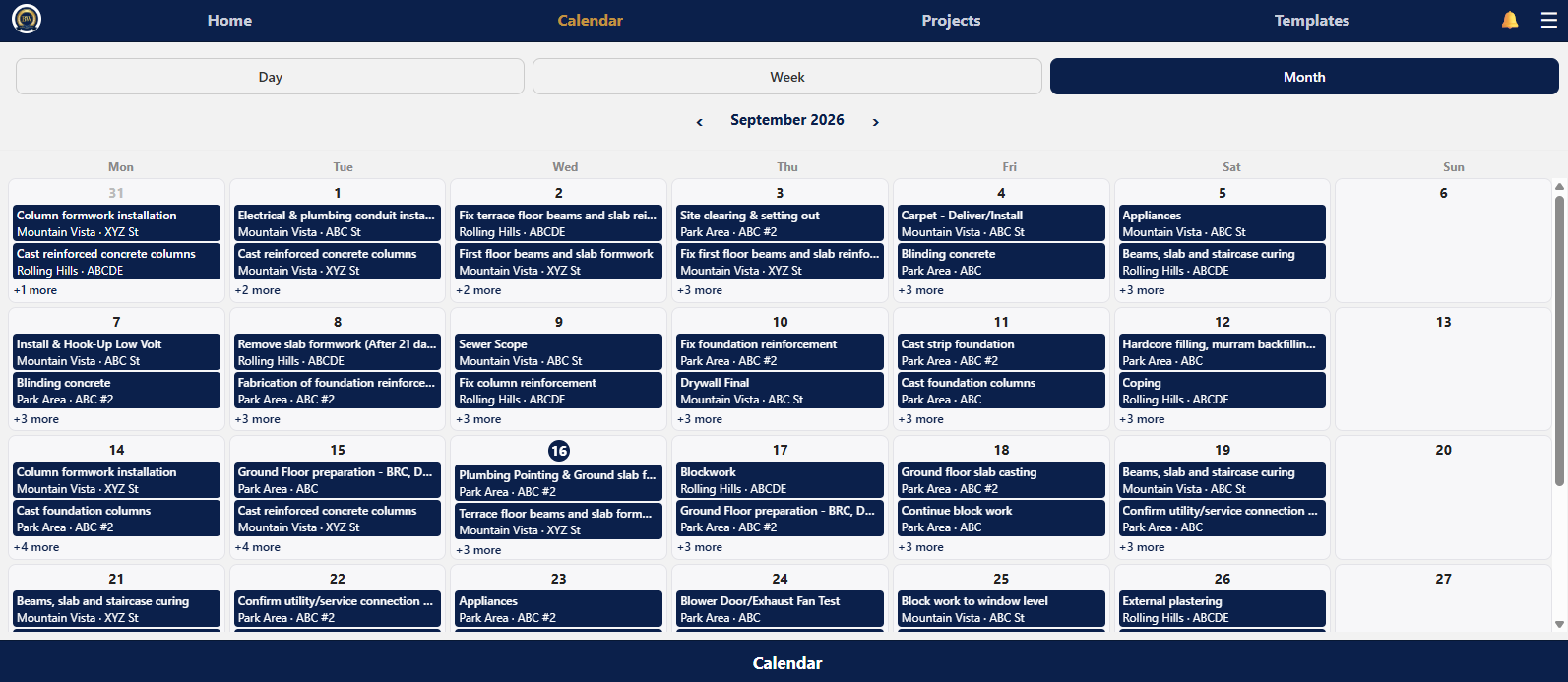 Month view calendar showing every task across projects, colored by community and status