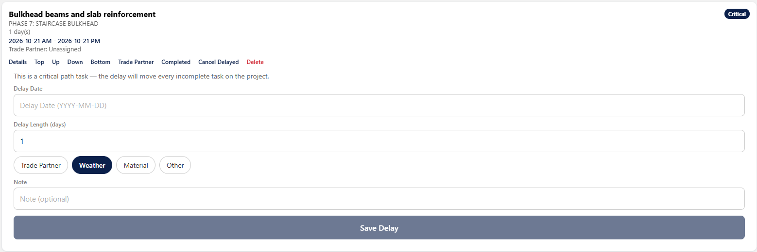 Delay Entry form showing delay date, length, reason, and note fields