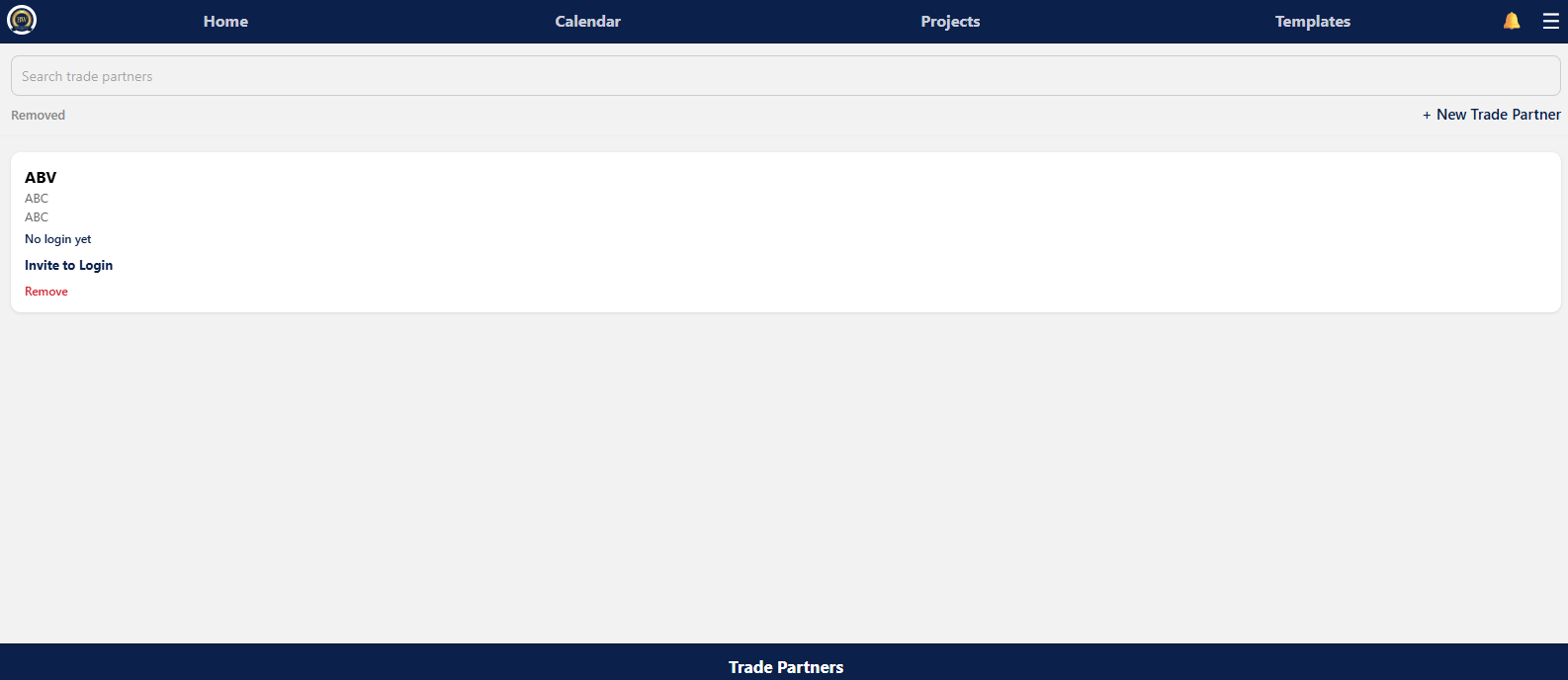Trade Partners list showing company contacts, login status, and invite and remove actions